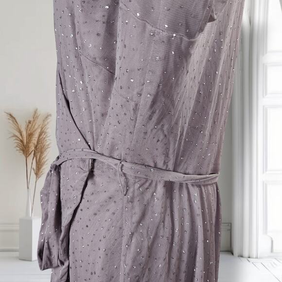 Alfani Glitter Mesh Wrap Dress 2X Silver Long Sleeve Plus Size Party Midi - Picture 3 of 14